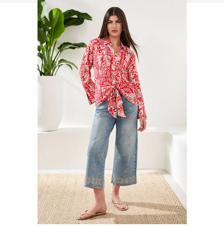 Tribal Printed Textured Challis Blouse with Tie Front