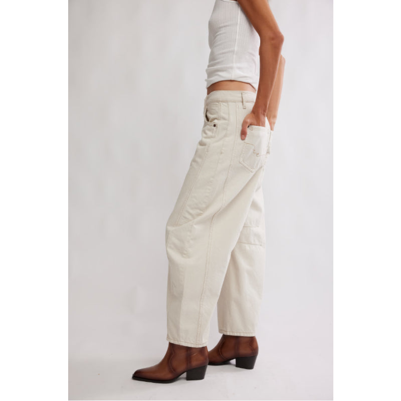 Free People Good Luck Mid-Rise Barrel Jeans - Milk