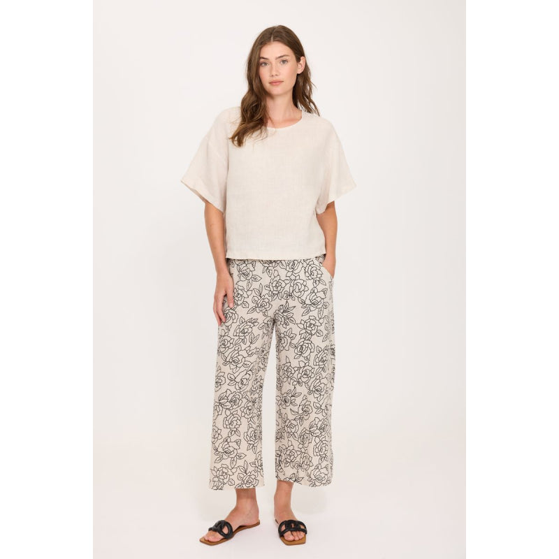 Pistache Cropped Linen Pant In Digital Roses Print