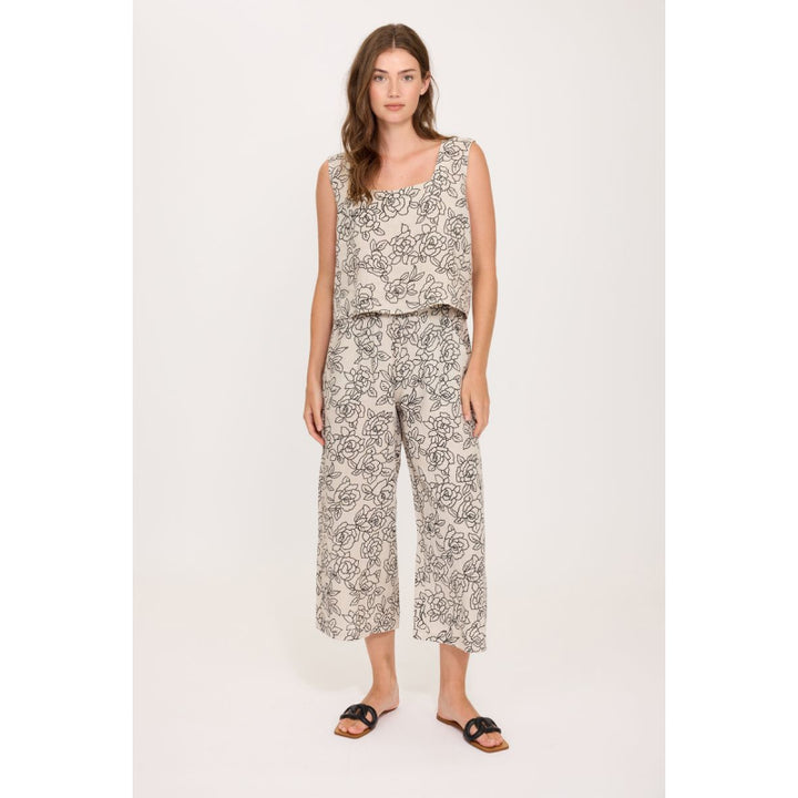 Pistache Cropped Linen Pant In Digital Roses Print