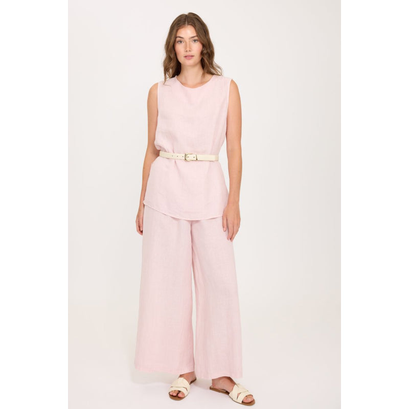 Pistache Sleeveless Linen Crew Neck Top with Side Slits