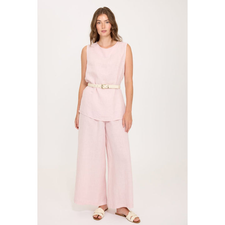 Pistache Sleeveless Linen Crew Neck Top with Side Slits