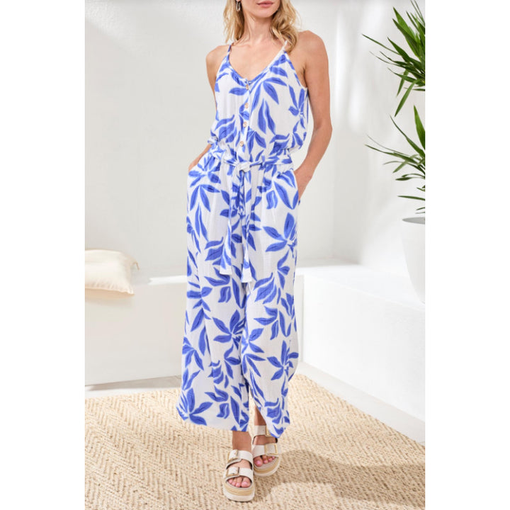 Tribal Button Front Jumpsuit With Sash