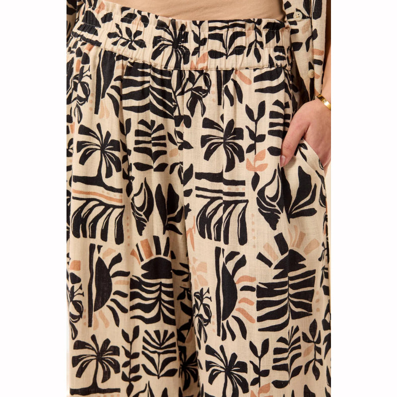 Tribal Flowy Linen Relaxed Wide Leg Pants with Waistband