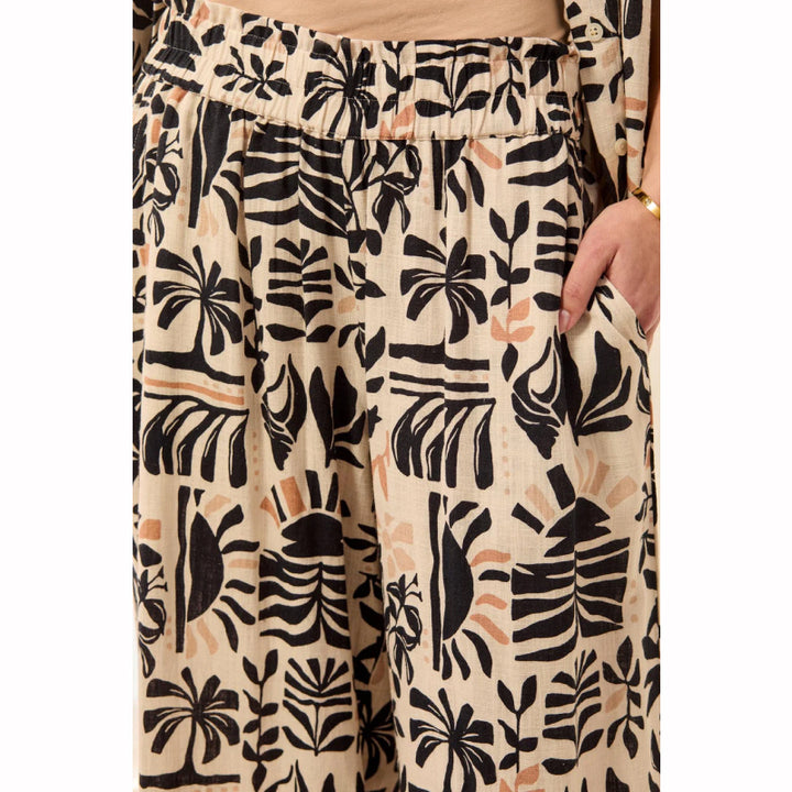 Tribal Flowy Linen Relaxed Wide Leg Pants with Waistband