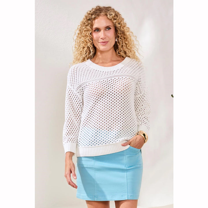 Tribal Crew Neck Open Stitch 3/4 Sleeve Sweater