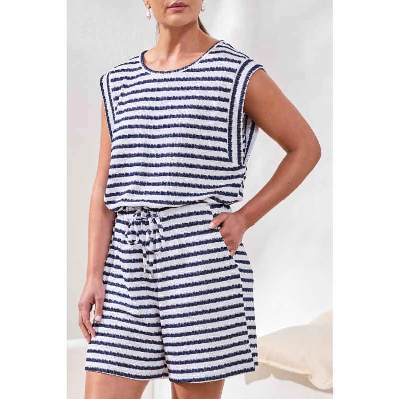 Tribal Terry Cloth Sleeveless Romper with Self-Tie Belt