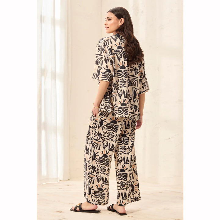 Tribal Flowy Linen Relaxed Wide Leg Pants with Waistband