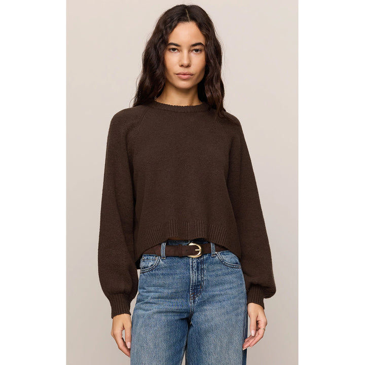 A woman modeling a dark brown knit crewneck sweater with long sleeves, paired with blue jeans and a brown belt, against a solid light beige background.