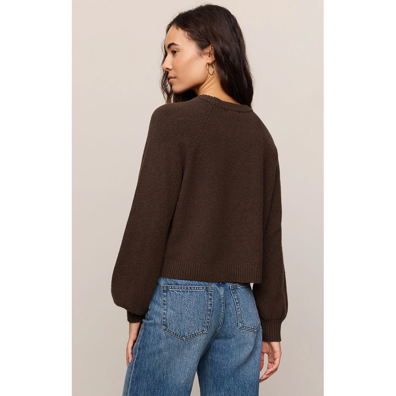 A woman shown from the back wearing a dark brown knit sweater and blue jeans, standing against a plain light beige studio background.