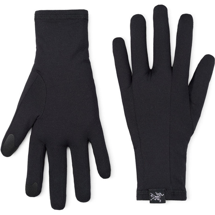 Pair of black gloves with a brand logo on a white background