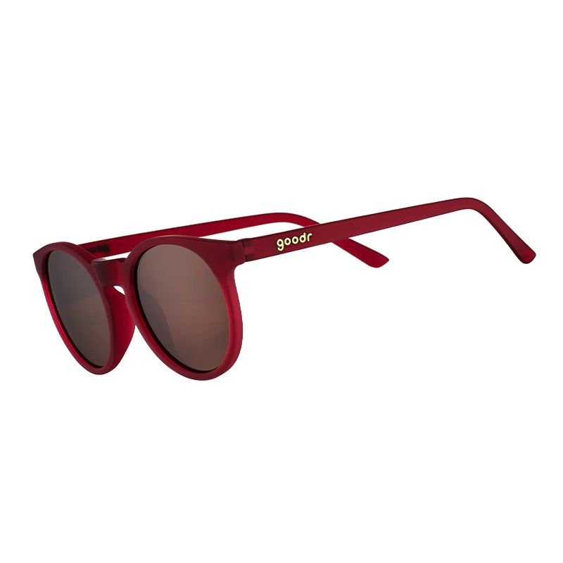 Red sunglasses with 'goodr' branding on a white background