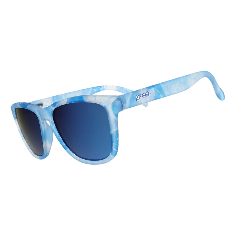 Blue sunglasses with a cloud pattern on the frame against a white background