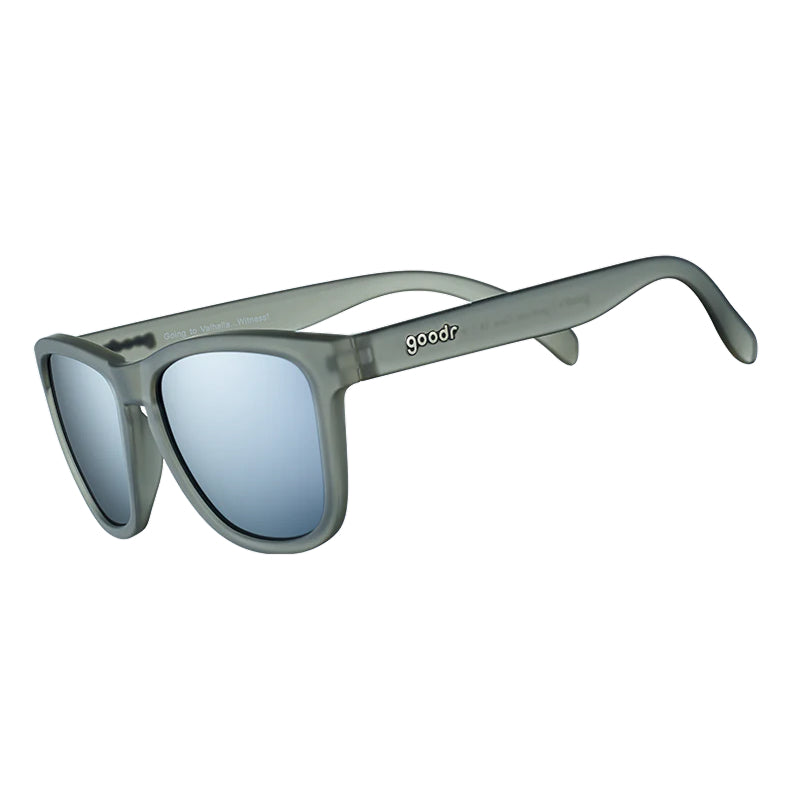 Sunglasses with a gray frame and blue lenses on a white background
