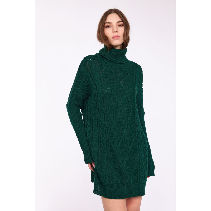 Pistache Cable and Braided Knit Turtleneck Dress