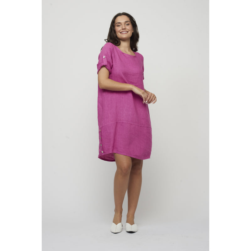 Pistache Linen Dress with Back Pleat and Buttons