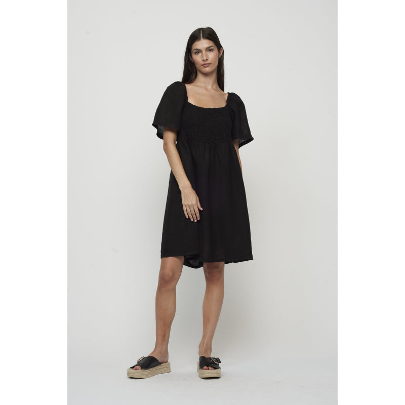 Pistache Linen Bunched Sun Dress with Sleeves