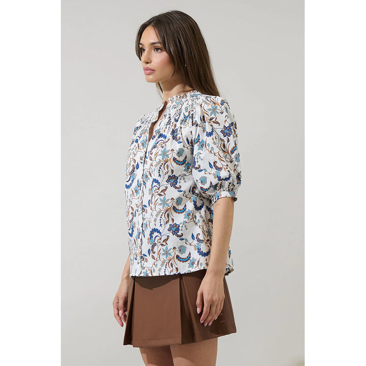 Sugarlips Ralston Floral Blossom Smocked Mock Neck Top