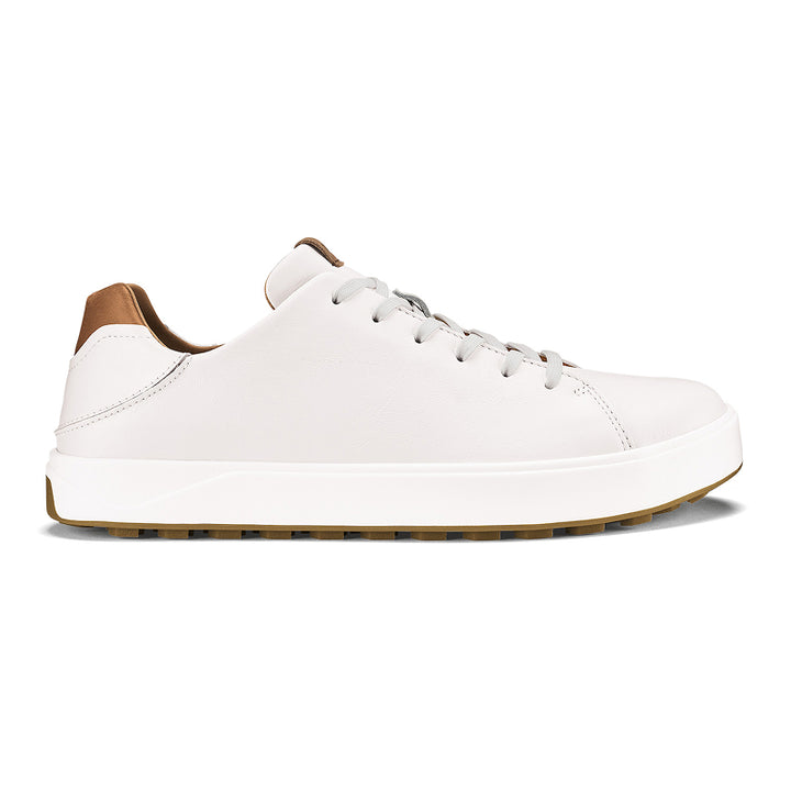 White sneaker with brown accents on a white background
