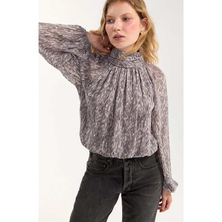 Liverpool Long Sleeve Shirred Mockneck Woven Top