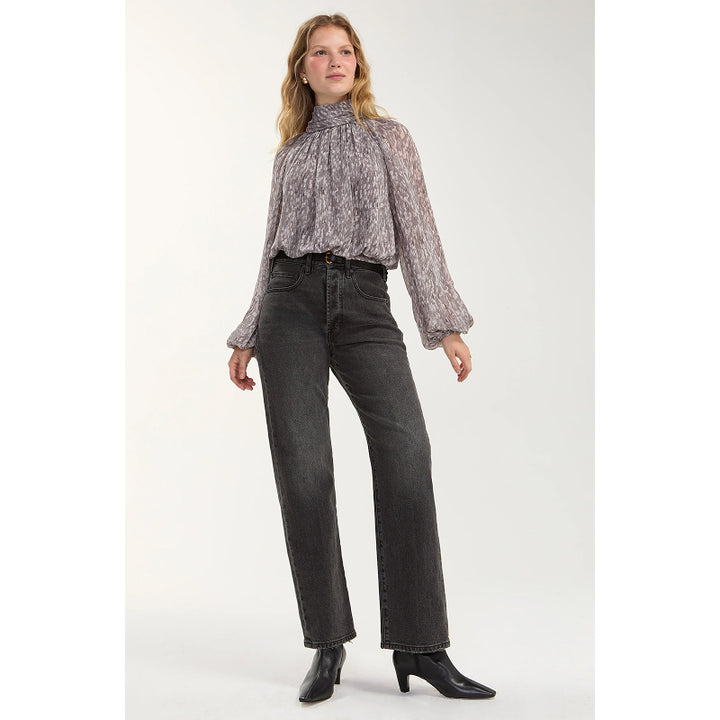 Liverpool Long Sleeve Shirred Mockneck Woven Top