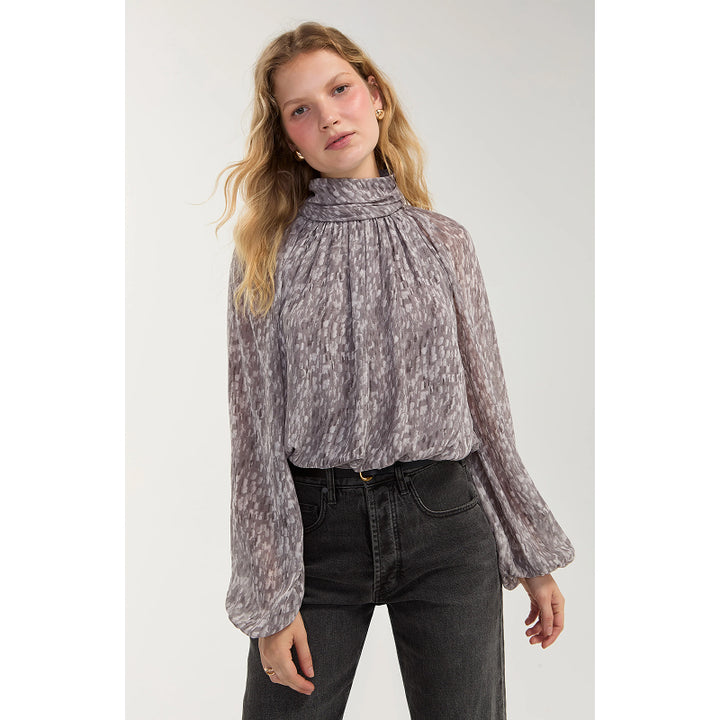 Liverpool Long Sleeve Shirred Mockneck Woven Top