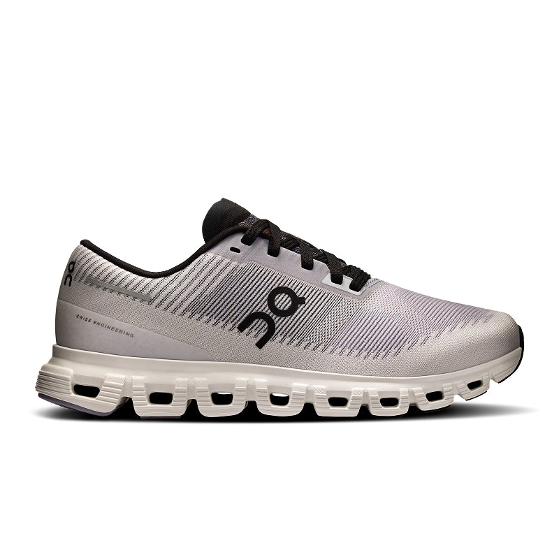 Gray running shoe with black accents on a white background