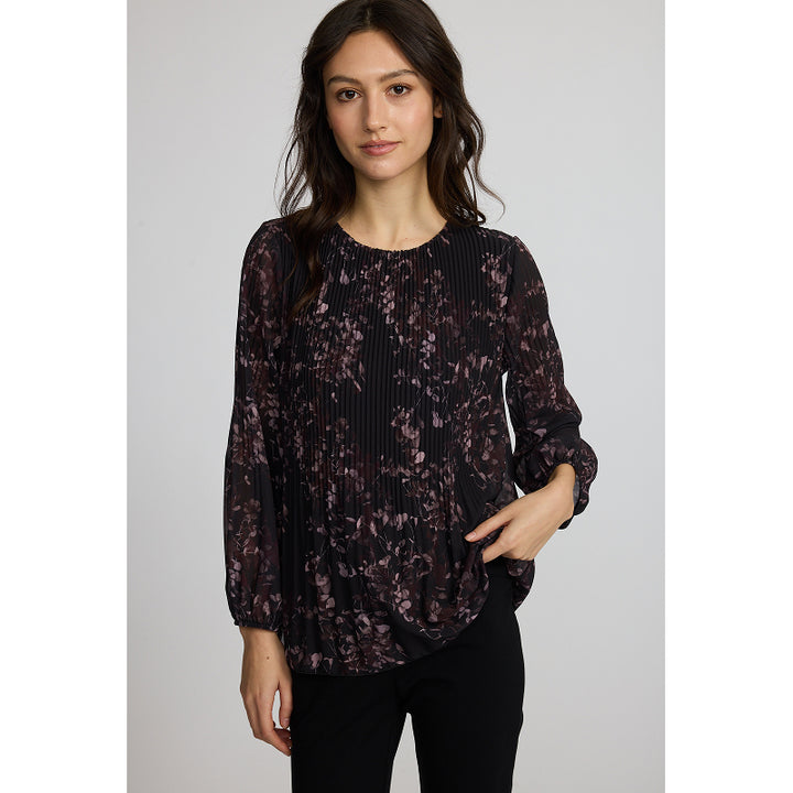 Pistache Georgette Plisse Blouse in Pink/Bordeaux Floral Print