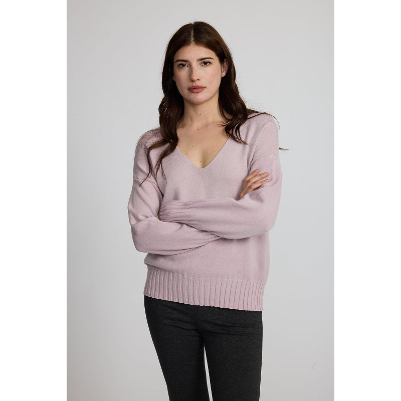 Pistache Ribbed Trim V-Neck Fine Knit Sweater