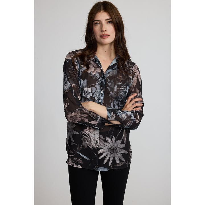 Pistache Georgette Button Down Blouse in Milano Midnight Floral Print