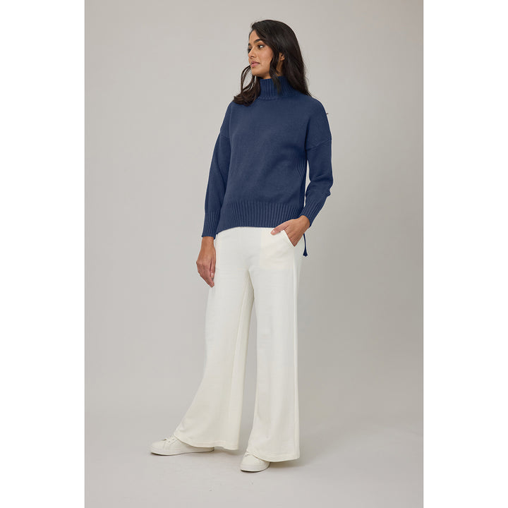 Pistache Essential Mock Neck Knit Sweater with Ribbing and Slits