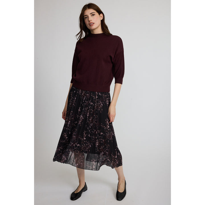 Pistache Georgette Pleated Skirt In Pink/Bordeaux Floral Print