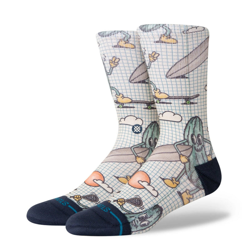 Pair of socks with cartoon alien design on a white background