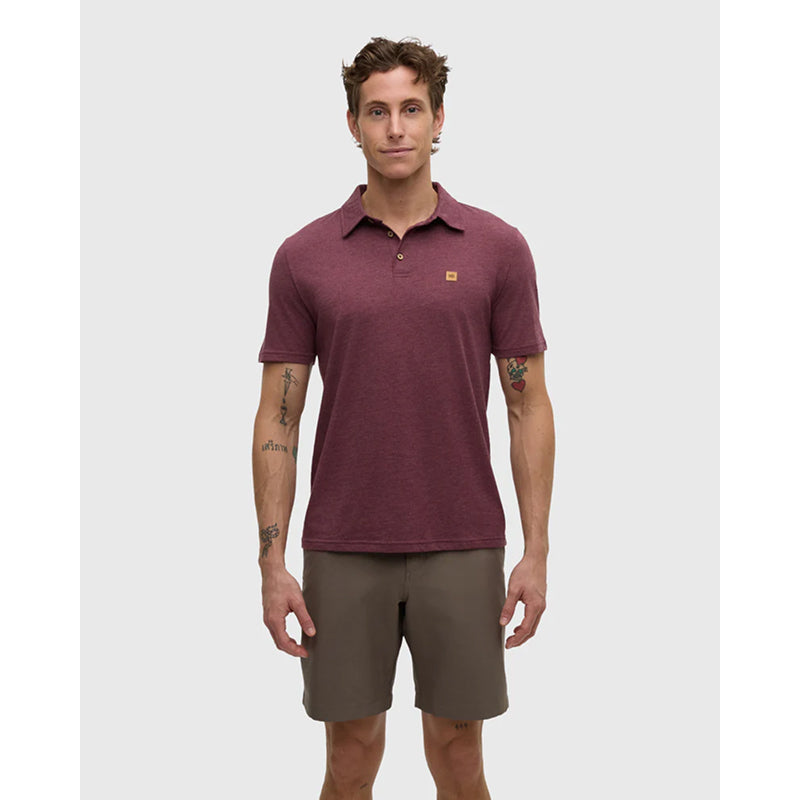Man wearing a maroon polo shirt and brown shorts on a white background