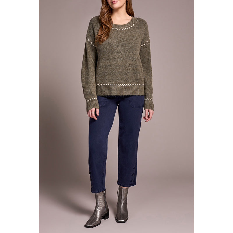 Tribal Long Sleeve Crew Neck Sweater with Stitching