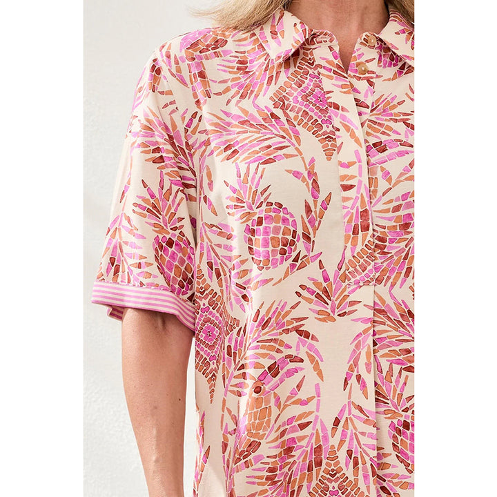 Tribal Linen Rayon Short Sleeve Collared Shift Dress