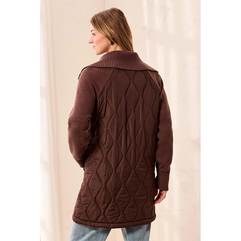 Tribal Mixed Media Quilted Sweater Coat With Oversized Knit Collar