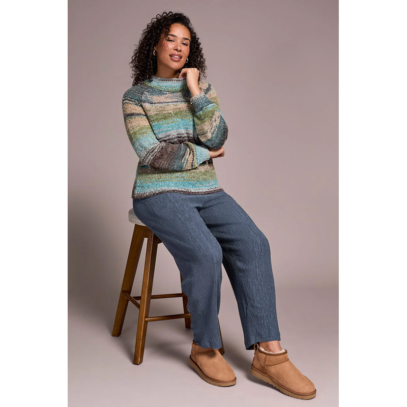 Tribal Boucle Yarn Mock Neck Puff Sleeve Sweater