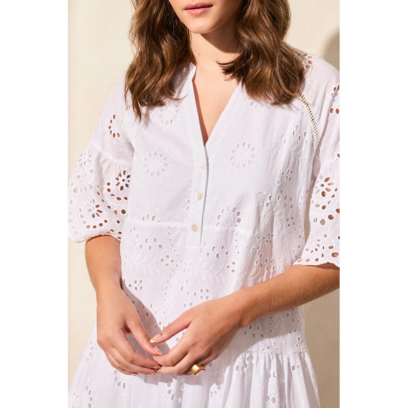 Eyelet Ruffle Tribal Cotton Eyelet Ruffle Short Sleeve Tiered Dress – Take It Outside