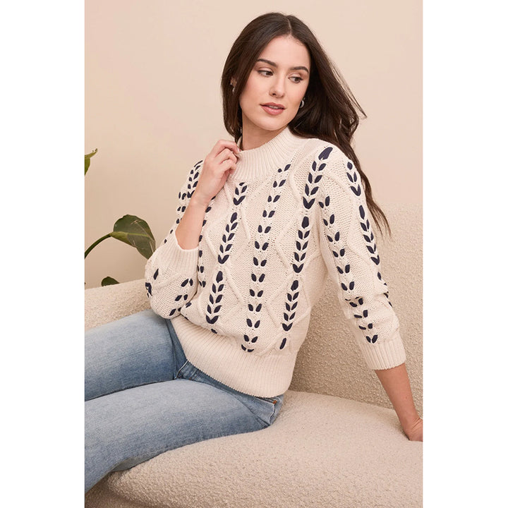 Tribal Cable-Knit 3/4 Sleeve Mock Neck Sweater