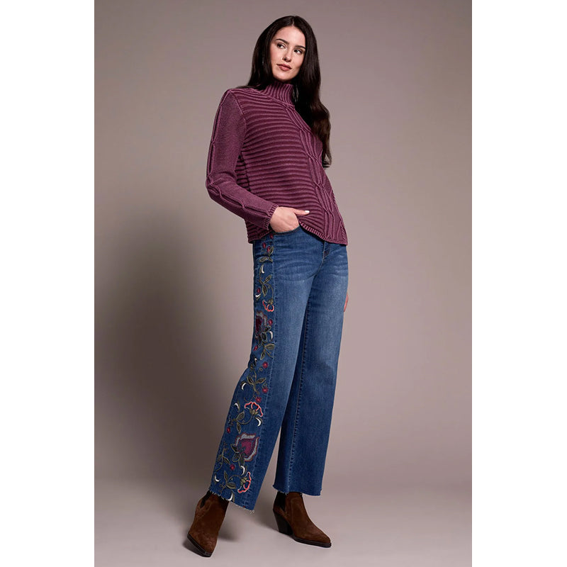 Tribal Vintage Washed Cable Knit Mock Neck Sweater