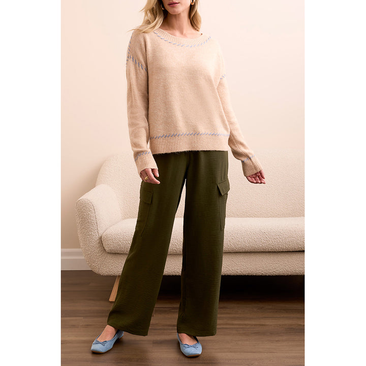 Tribal Long Sleeve Crew Neck Sweater with Stitching