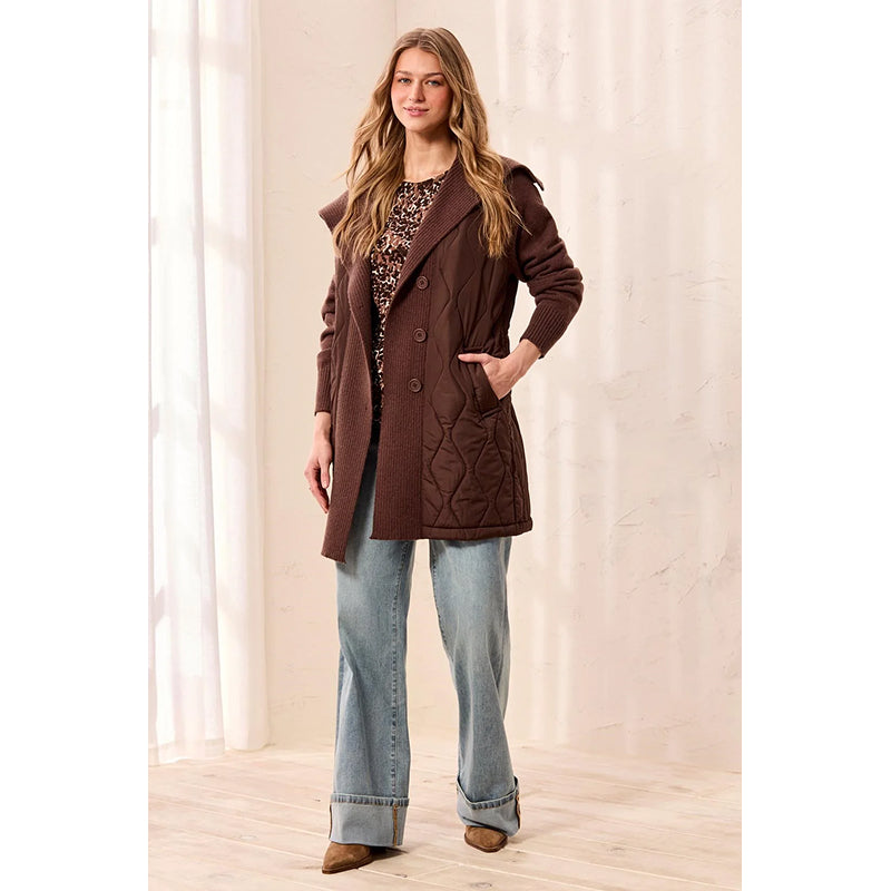 Tribal Mixed Media Quilted Sweater Coat With Oversized Knit Collar