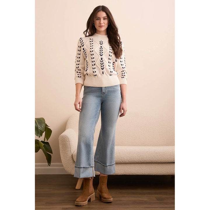 Tribal Cable-Knit 3/4 Sleeve Mock Neck Sweater