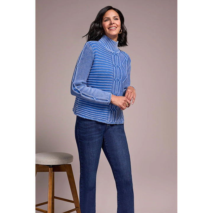 Tribal Vintage Washed Cable Knit Mock Neck Sweater