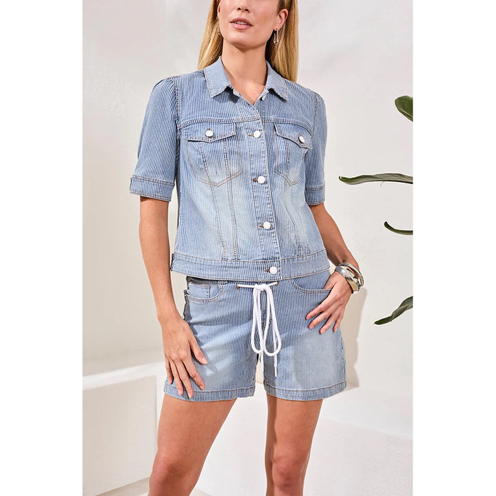 Tribal Soft Striped Denim Elbow Sleeve Buttoned Jacket