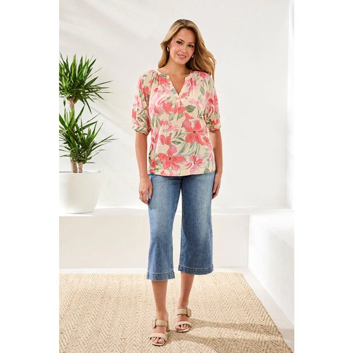 Tribal Printed Linen Elbow Sleeve Henley