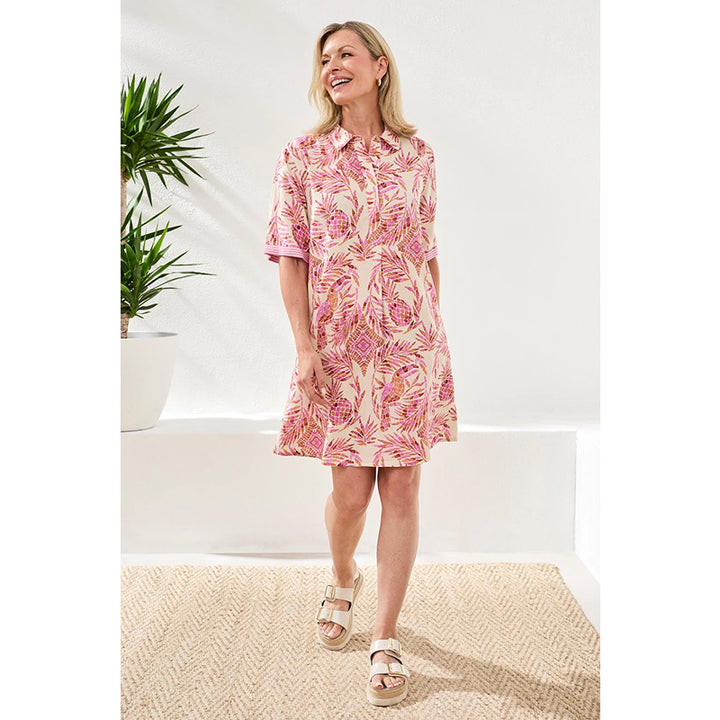 Tribal Linen Rayon Short Sleeve Collared Shift Dress
