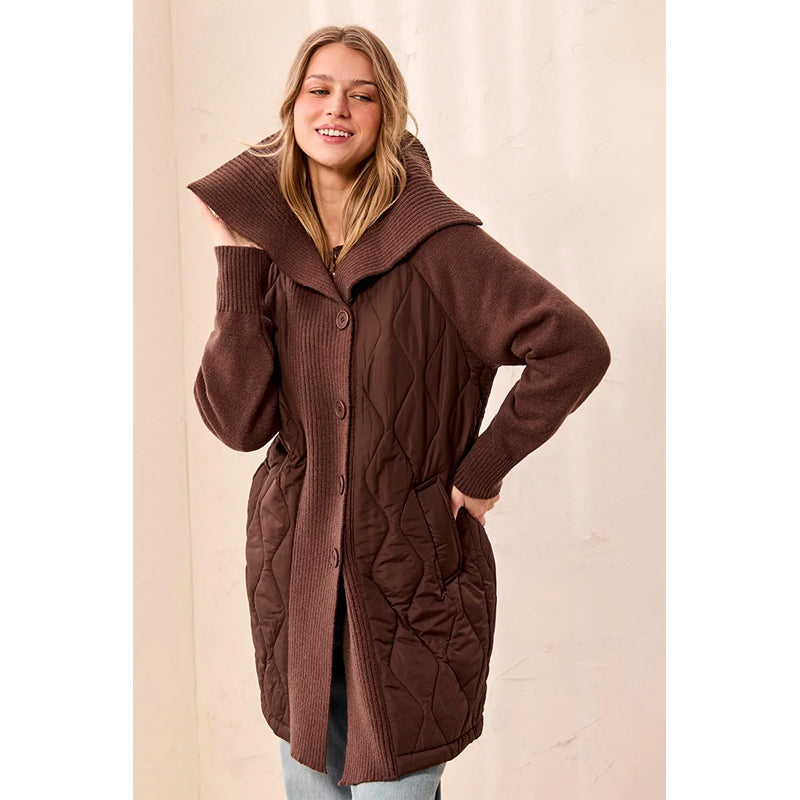 Tribal Mixed Media Quilted Sweater Coat With Oversized Knit Collar