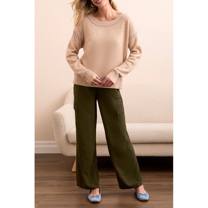 Tribal Long Sleeve Crew Neck Sweater with Stitching